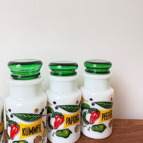 Vintage Kitchen Decor Colorful Spice Jars with Green Lids French Farmhouse Jars - Picture 13 of 13